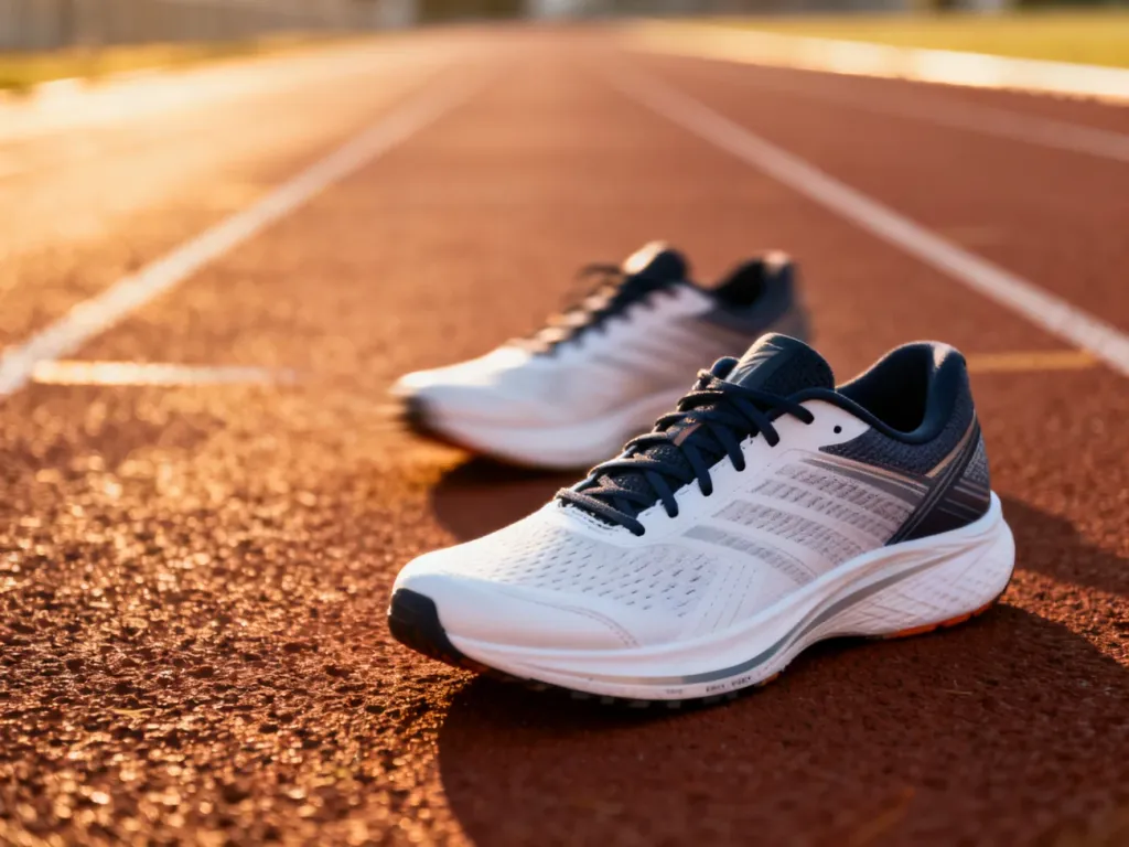 Profesjonalne buty do biegania na bieżni lekkoatletycznej w świetle zachodzącego słońca, symbolizujące przygotowanie do treningu.
