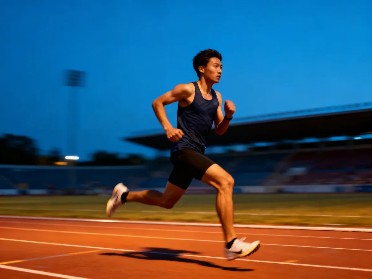 Biegacz wykonujący intensywny sprint na bieżni lekkoatletycznej