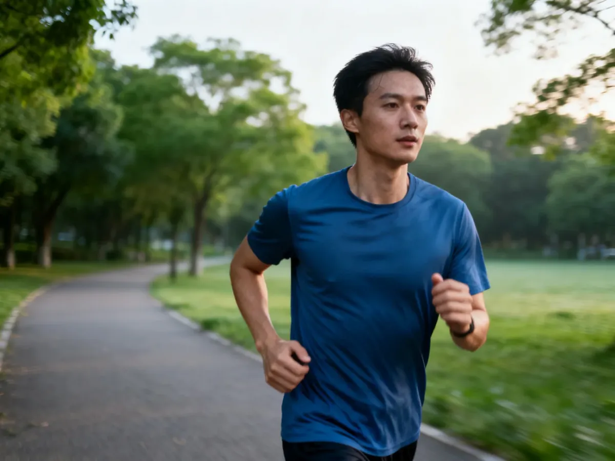 Początkujący biegacz podczas spokojnego treningu przed biegiem na 10 km