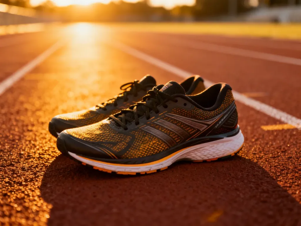 Profesjonalne buty do biegania na bieżni lekkoatletycznej w świetle zachodzącego słońca, motywujące do treningu.