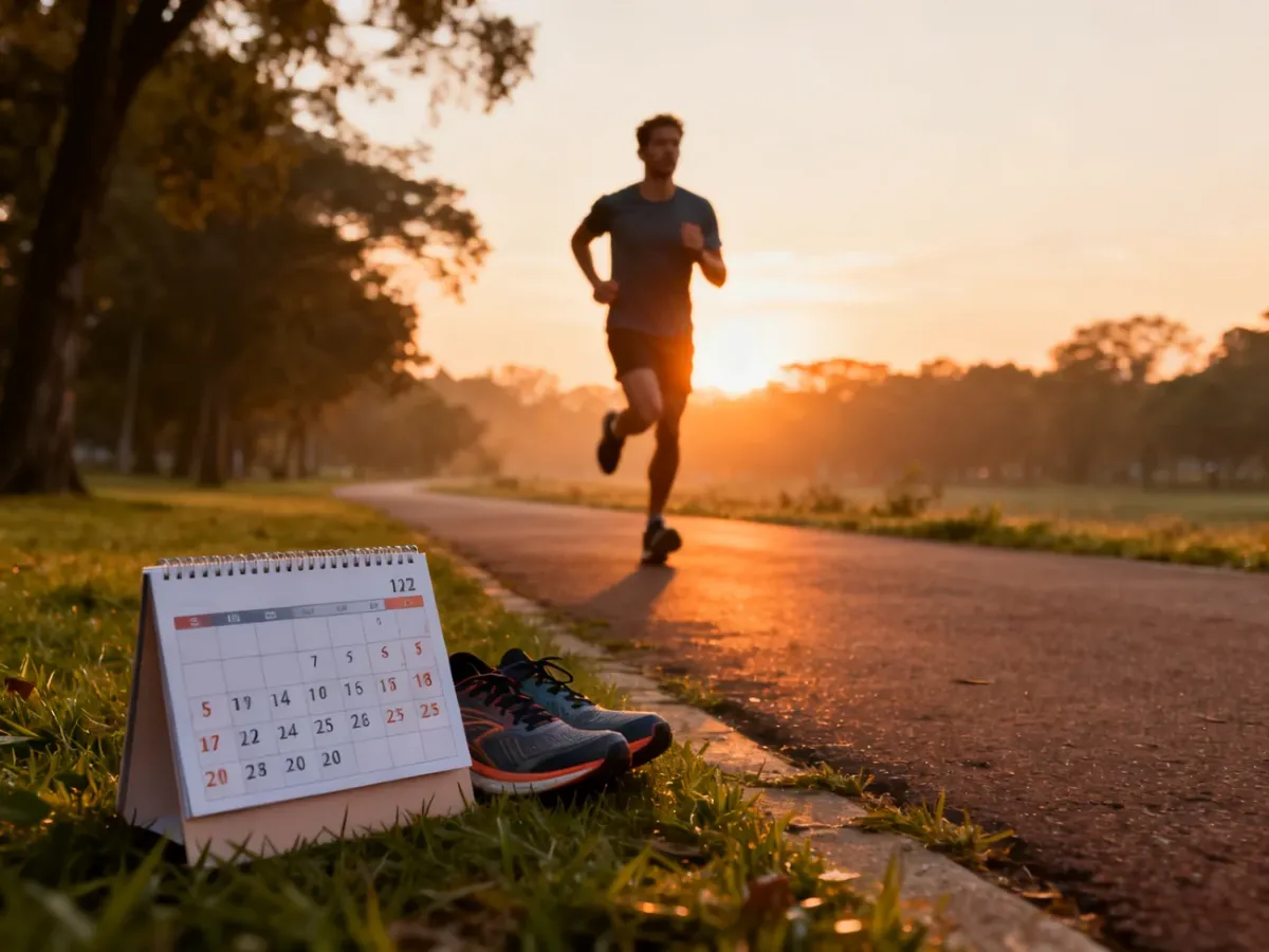 Biegacz przygotowujący się stopniowo do maratonu na parkowej ścieżce
