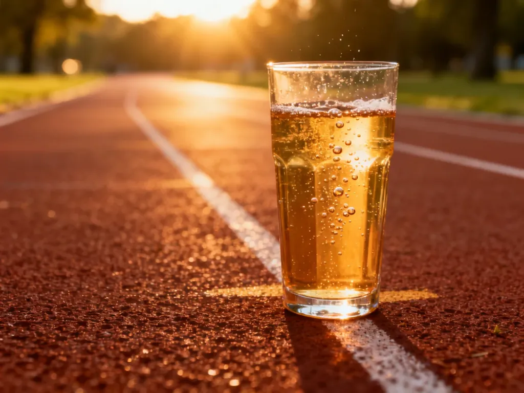 Szklanka izotoniku z bąbelkami na bieżni lekkoatletycznej w blasku zachodzącego słońca.