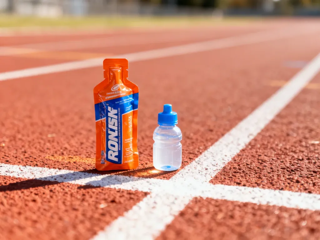Żel energetyczny i butelka wody na bieżni lekkoatletycznej, symbolizujące odżywianie podczas maratonu.