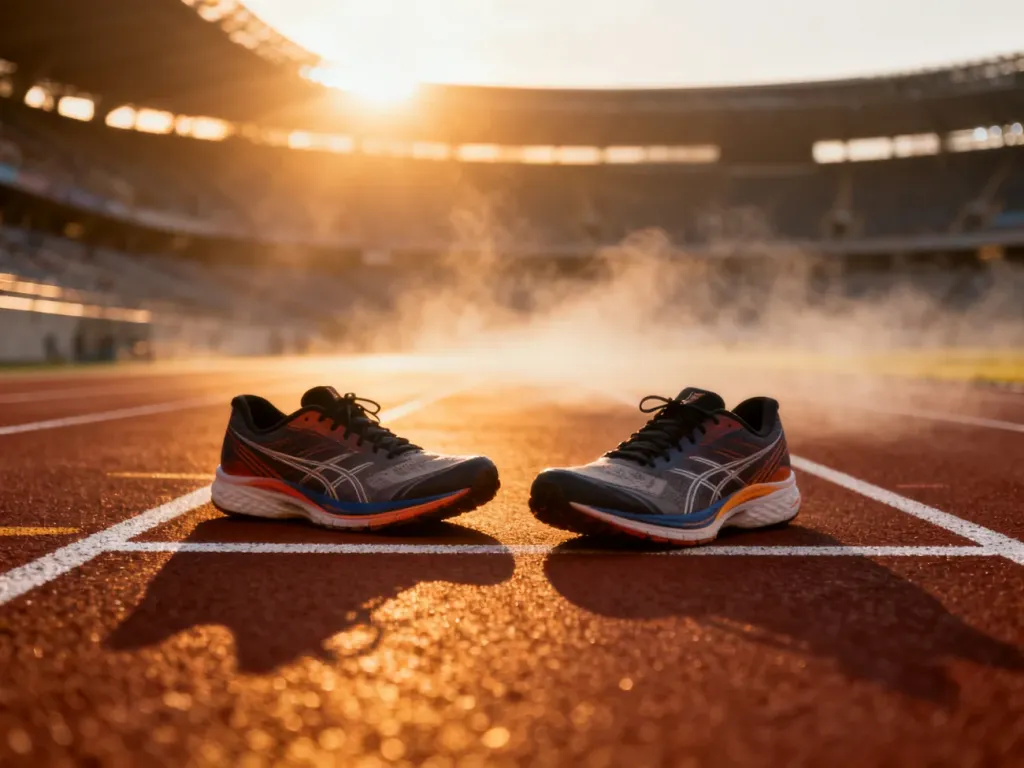 Profesjonalne buty do biegania na bieżni lekkoatletycznej o wschodzie słońca, symbolizujące gotowość do treningu.