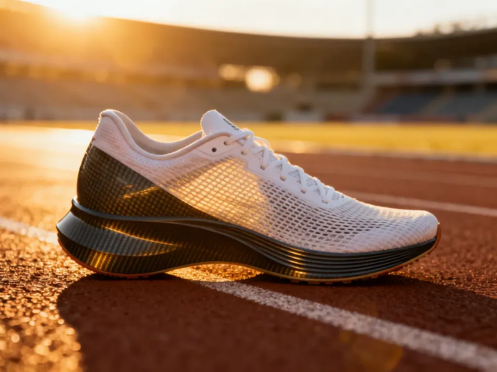 Profesjonalne buty biegowe z płytką karbonową na bieżni lekkoatletycznej w świetle poranka.