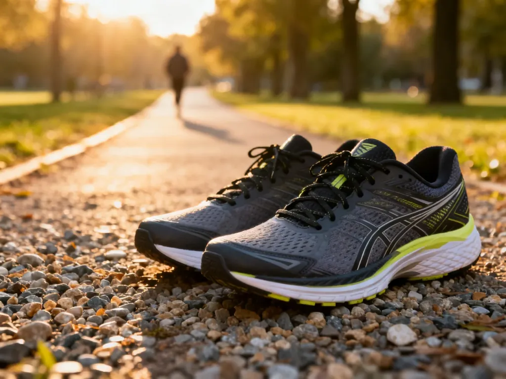 Profesjonalne buty sportowe na żwirowej ścieżce w parku, zachęcające do rozpoczęcia treningu szybkiego marszu.