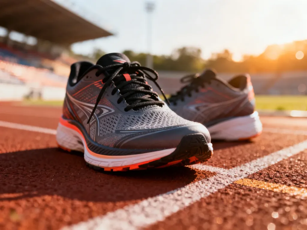 Nowoczesne buty do biegania na bieżni lekkoatletycznej, pokazujące odpowiednią przestrzeń w okolicy palców.