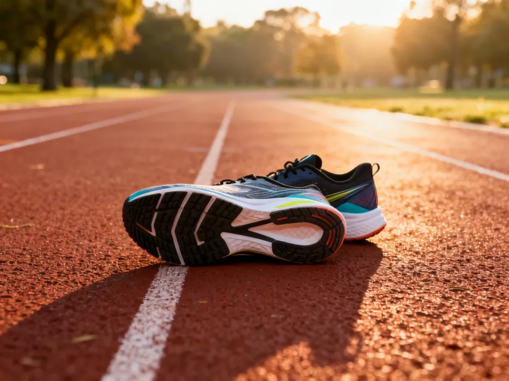 Profesjonalne buty do biegania na bieżni lekkoatletycznej w świetle poranka, zachęcające do rozpoczęcia treningu.