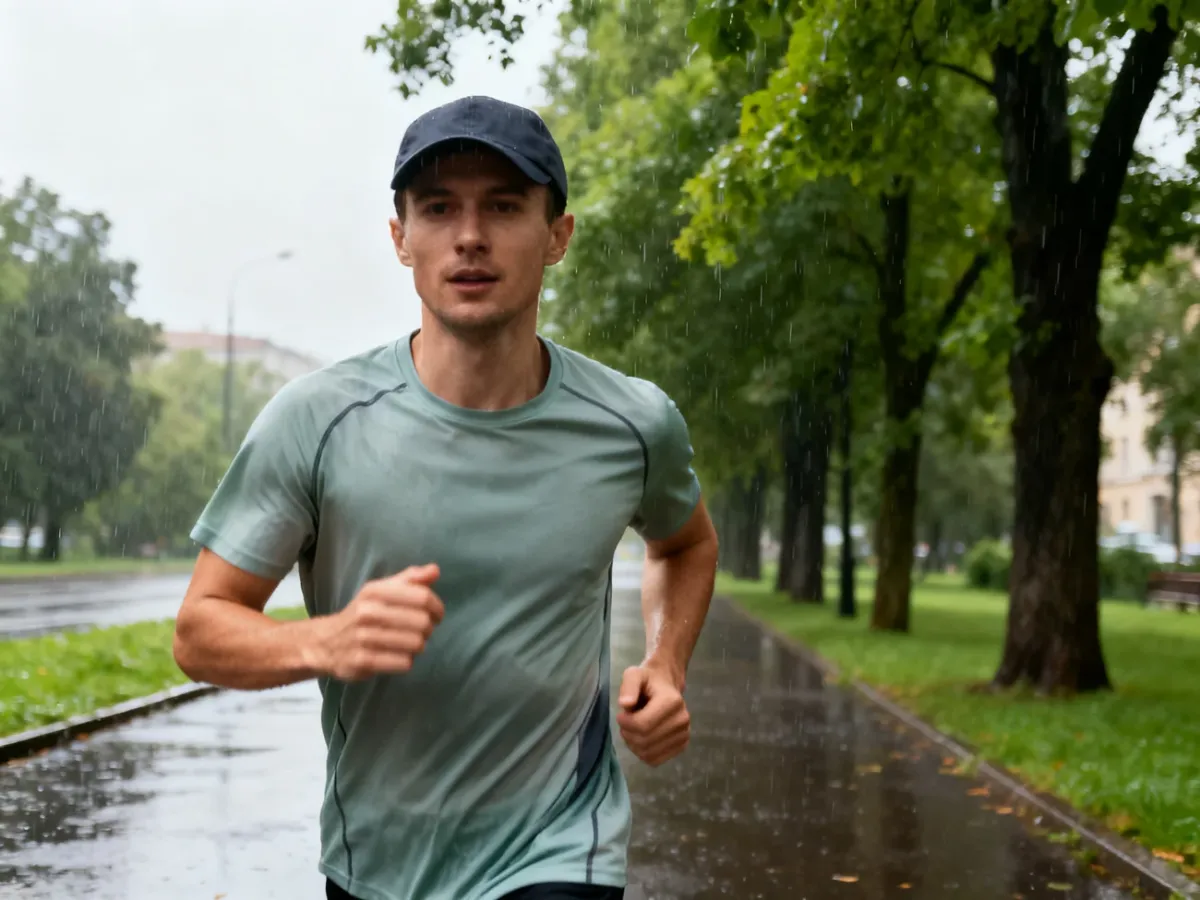 Biegacz podczas spokojnego letniego deszczu na mokrej parkowej ścieżce