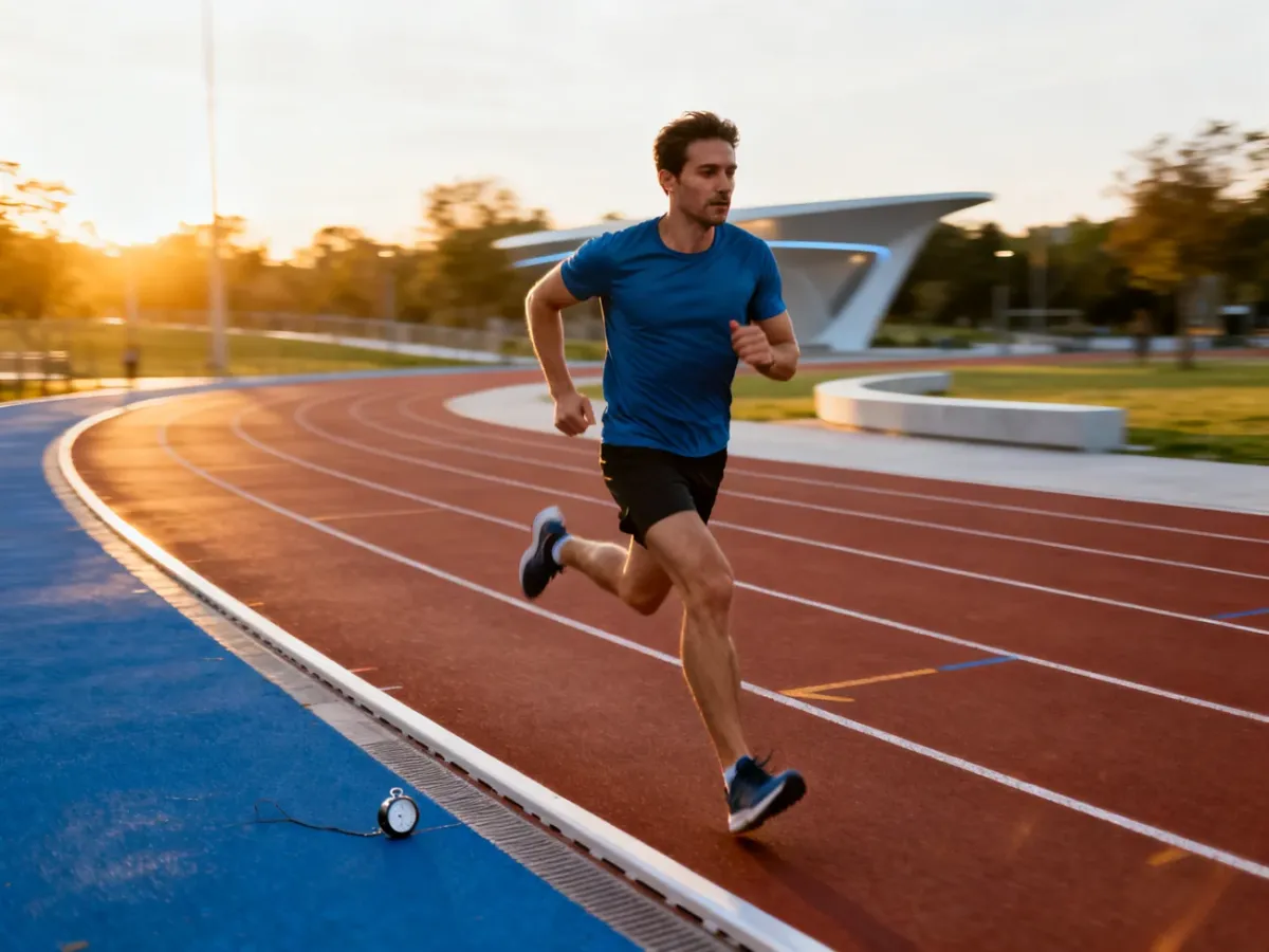 Biegacz wykonujący szybkie odcinki treningowe na bieżni lekkoatletycznej