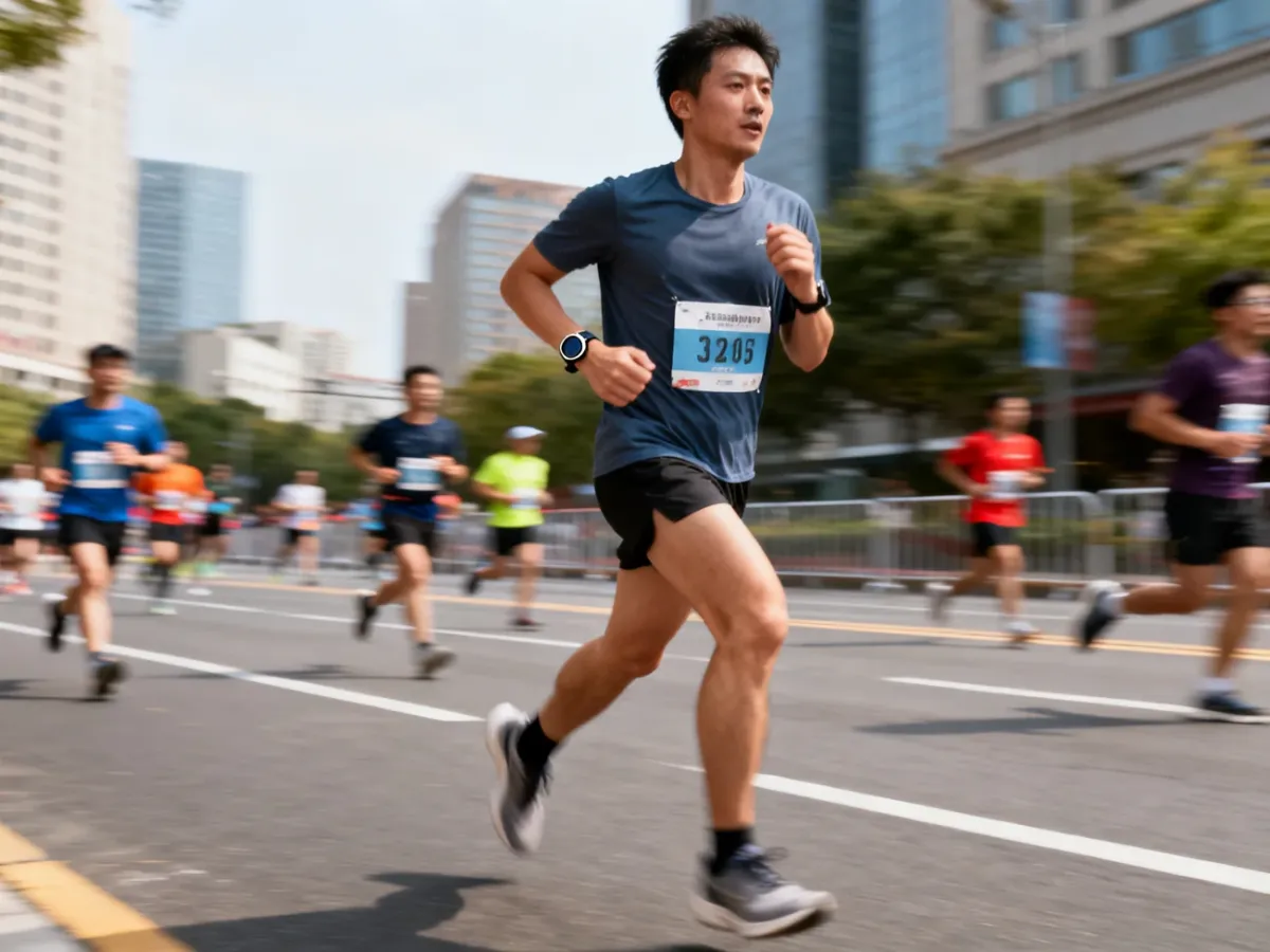 Biegacz utrzymujący równe tempo podczas miejskiego półmaratonu