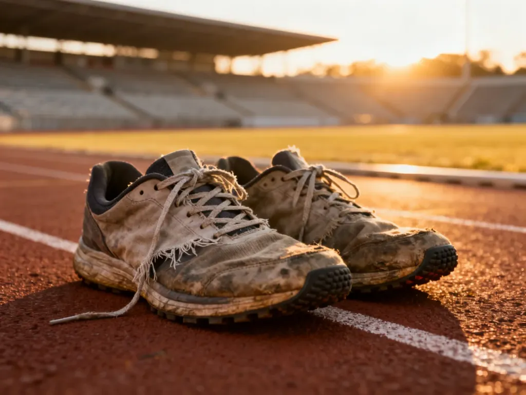 Zużyte buty do biegania na bieżni stadionowej, obrazujące konieczność wymiany obuwia po intensywnym użytkowaniu.