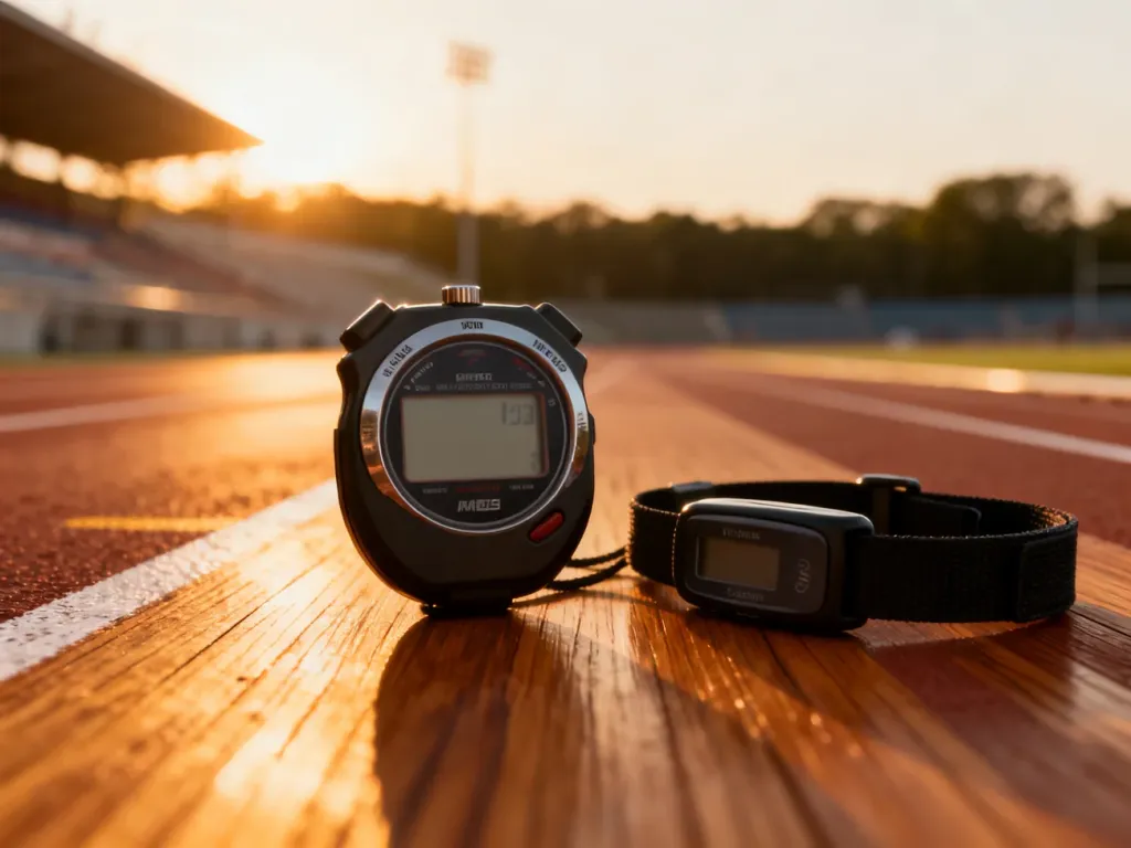 Profesjonalny stoper i pulsometr na bieżni lekkoatletycznej o zachodzie słońca, symbolizujące precyzyjny trening sportowy.