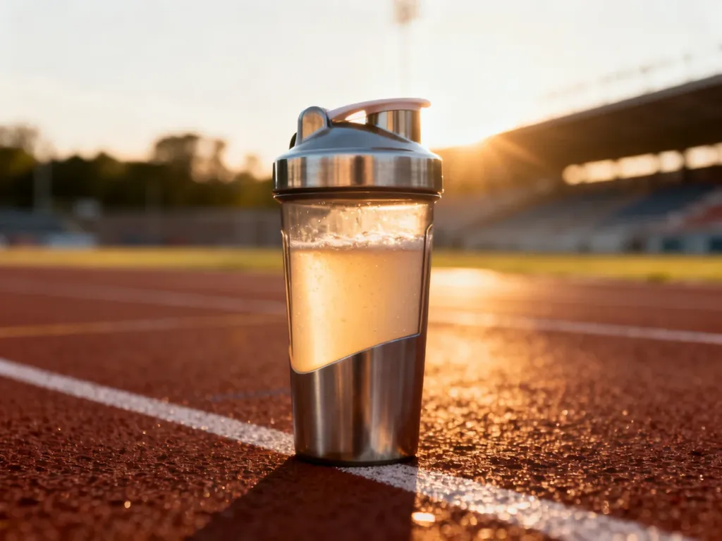 Szejker z napojem energetycznym na bieżni lekkoatletycznej w blasku zachodzącego słońca.