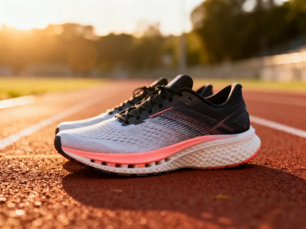 Profesjonalne buty do biegania z grubą podeszwą amortyzującą na bieżni lekkoatletycznej w porannym świetle.