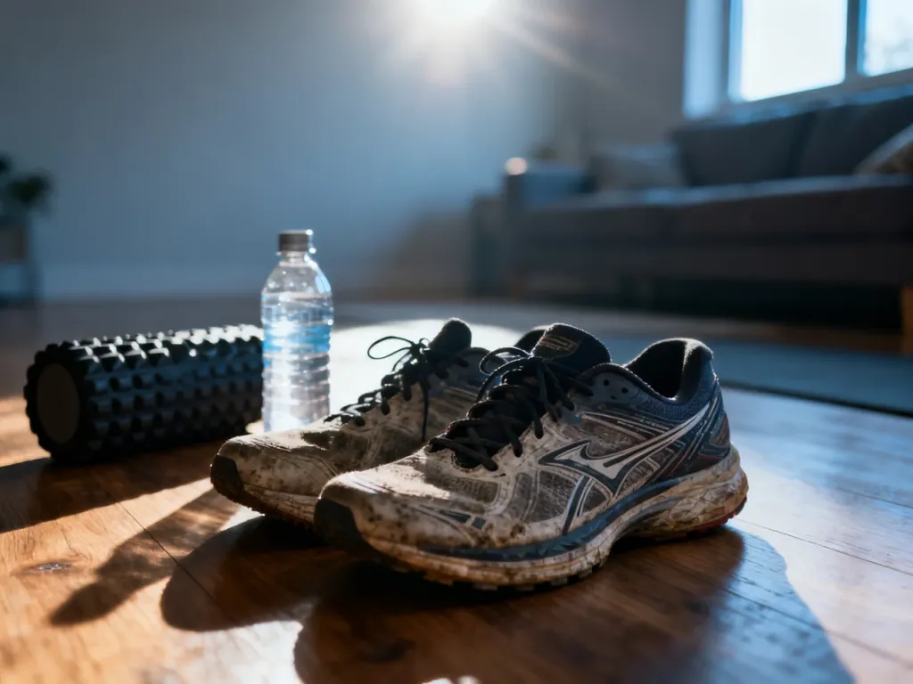 Zużyte buty do biegania, roller i woda na drewnianej podłodze, symbolizujące regenerację organizmu po maratonie.