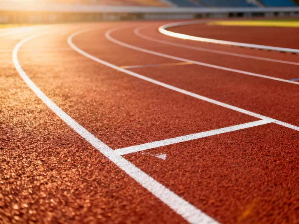 Nawierzchnia bieżni lekkoatletycznej z wyraźnymi białymi liniami torów w świetle poranka.