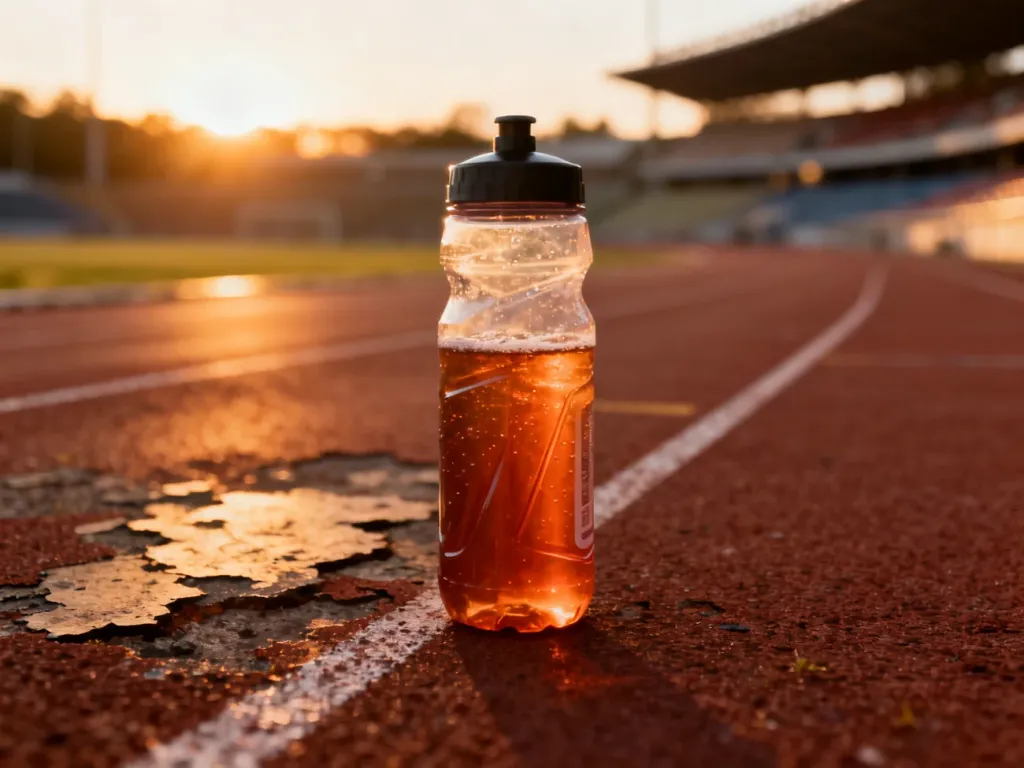 Profesjonalny bidon z napojem izotonicznym na bieżni lekkoatletycznej o wschodzie słońca.