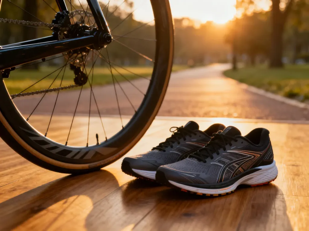 Profesjonalne buty do biegania ustawione obok koła roweru szosowego, symbolizujące połączenie treningu biegowego i kolarskiego.