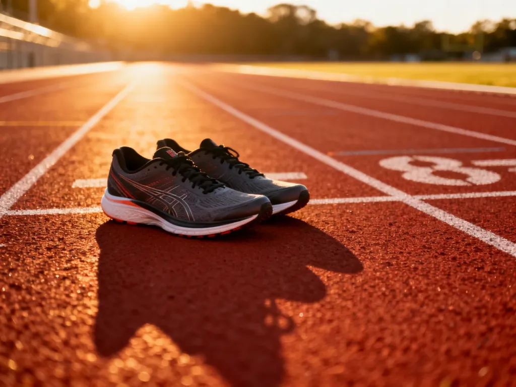 Profesjonalne buty do biegania na czerwonej bieżni lekkoatletycznej w świetle zachodzącego słońca.