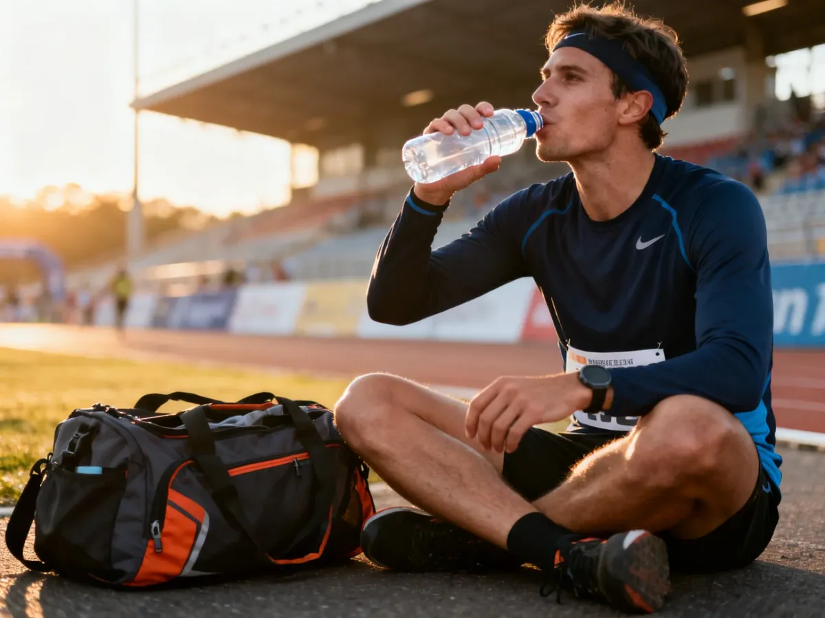 Sportowiec spokojnie popijający wodę przed zawodami