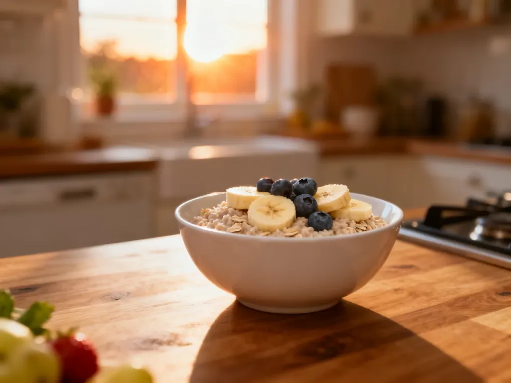 Miska owsianki z bananem i borówkami na drewnianym stole, idealna jako pożywne śniadanie przed porannym bieganiem.