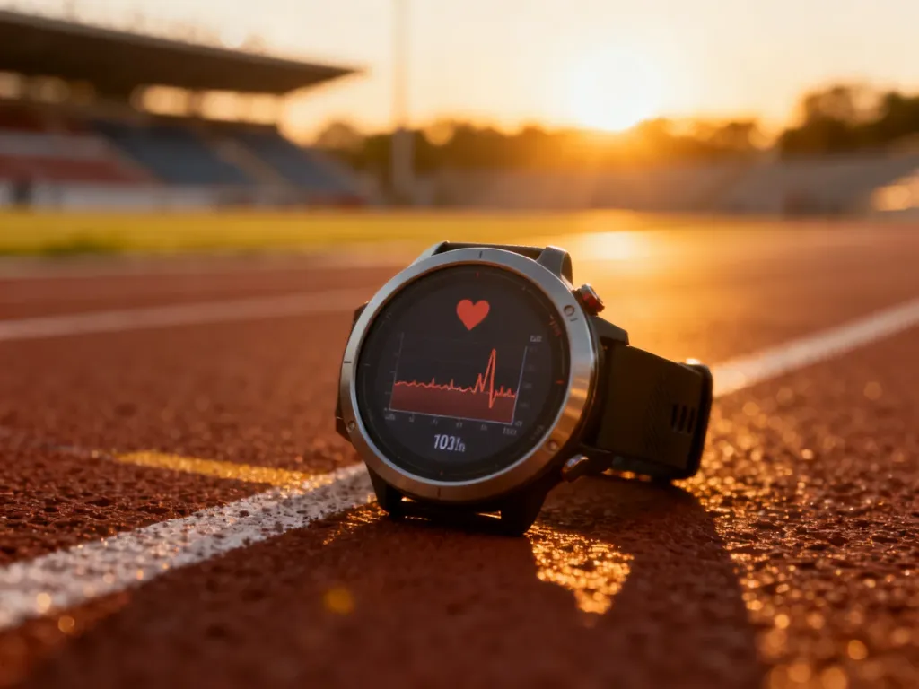 Zegarek sportowy z wykresem tętna na ekranie, leżący na bieżni lekkoatletycznej o zachodzie słońca.