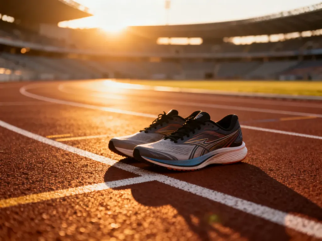 Profesjonalne buty do biegania na bieżni lekkoatletycznej o wschodzie słońca, gotowe do rozpoczęcia treningu.