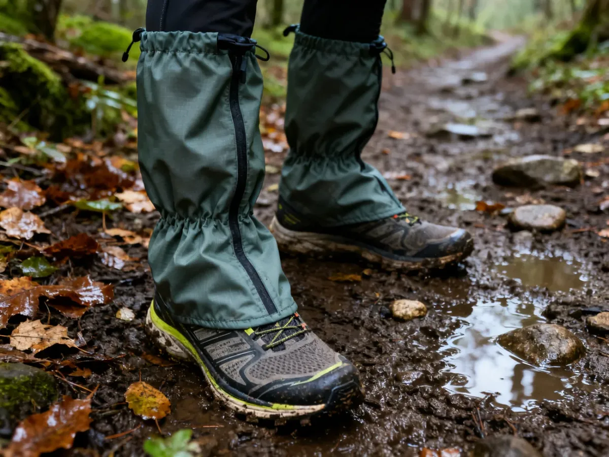 Lekkie stuptuty trailowe założone na buty biegowe na błotnistej leśnej trasie