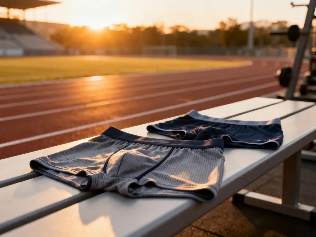 Wysokiej jakości bielizna sportowa typu bokserki i slipy ułożona na ławce treningowej w scenerii bieżni o wschodzie słońca.