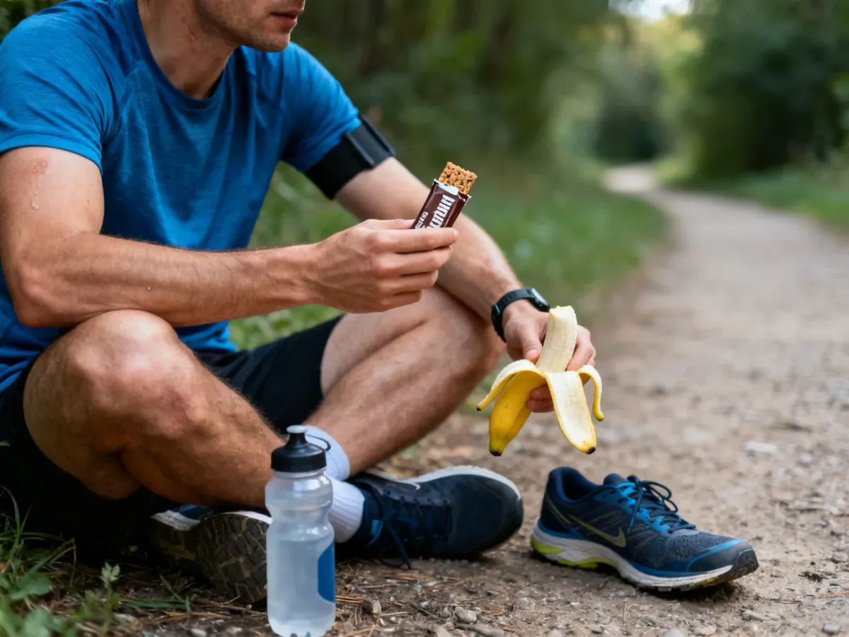 Biegacz po treningu sięga po baton proteinowy i banana