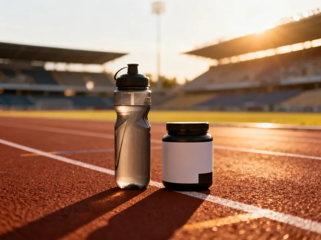 Bidon i odżywka sportowa na bieżni lekkoatletycznej w blasku porannego słońca.