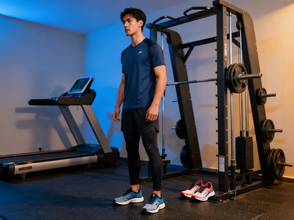 Sportowiec łączący trening biegowy i siłowy na siłowni