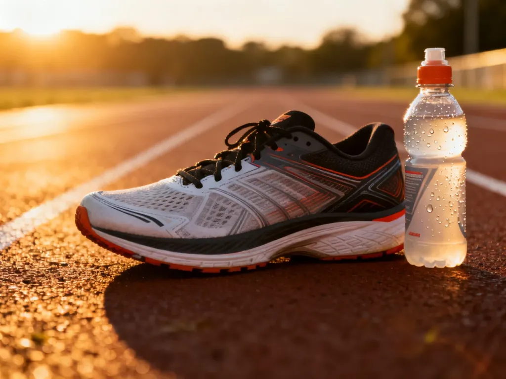 But sportowy na bieżni obok butelki napoju izotonicznego, podkreślający znaczenie nawodnienia podczas biegu.