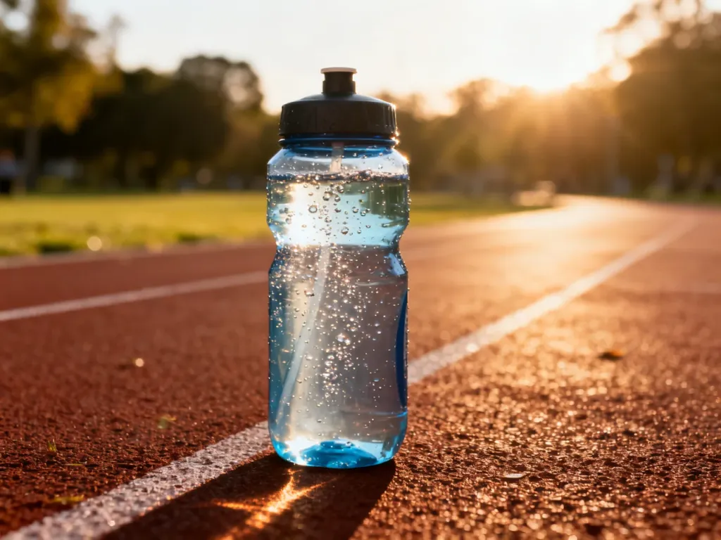 Profesjonalny bidon z elektrolitami na bieżni lekkoatletycznej w blasku porannego słońca, podkreślający znaczenie nawodnienia.