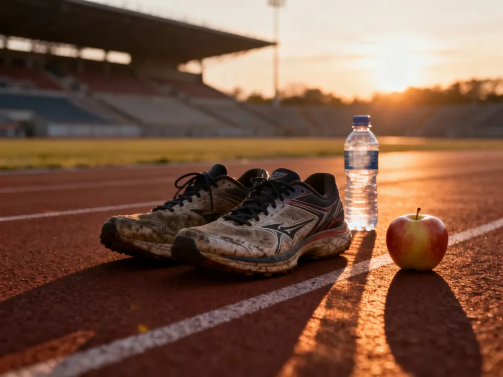 Zużyte buty do biegania na bieżni o wschodzie słońca, obok jabłko i butelka wody, symbolizujące przygotowania do maratonu.