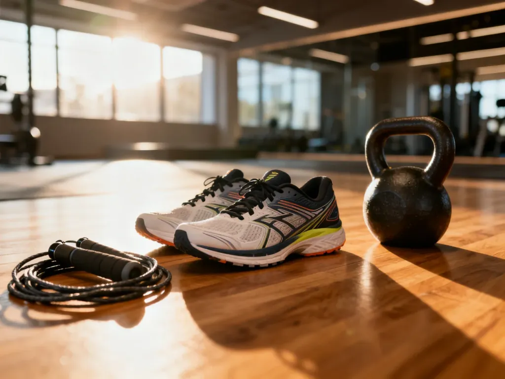 Profesjonalny sprzęt do biegania i cross treningu, w tym buty, skakanka i kettlebell, na podłodze nowoczesnej siłowni.