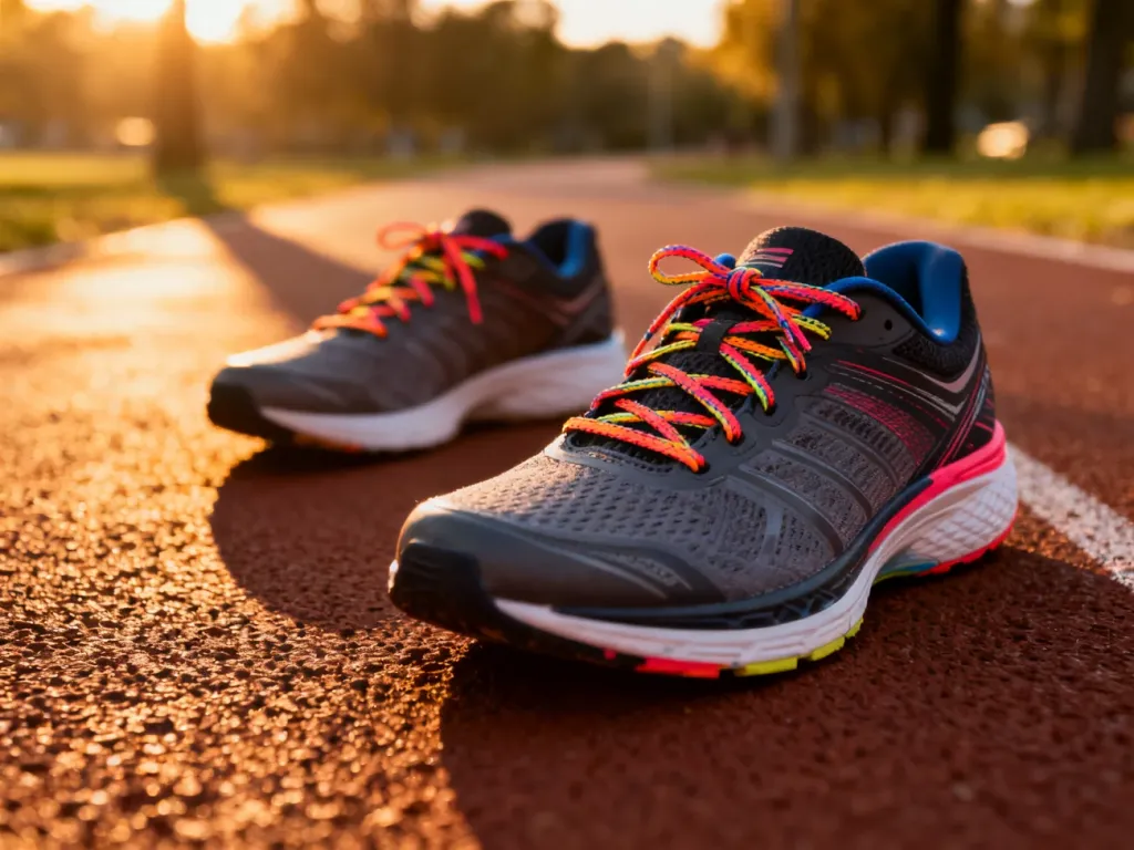 Profesjonalne buty do biegania na bieżni lekkoatletycznej w blasku zachodzącego słońca.