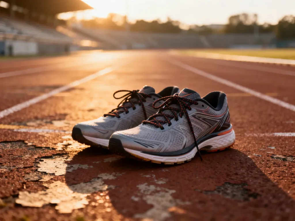 Profesjonalne buty do biegania na bieżni lekkoatletycznej w świetle poranka, symbolizujące powrót do treningów po kontuzji.