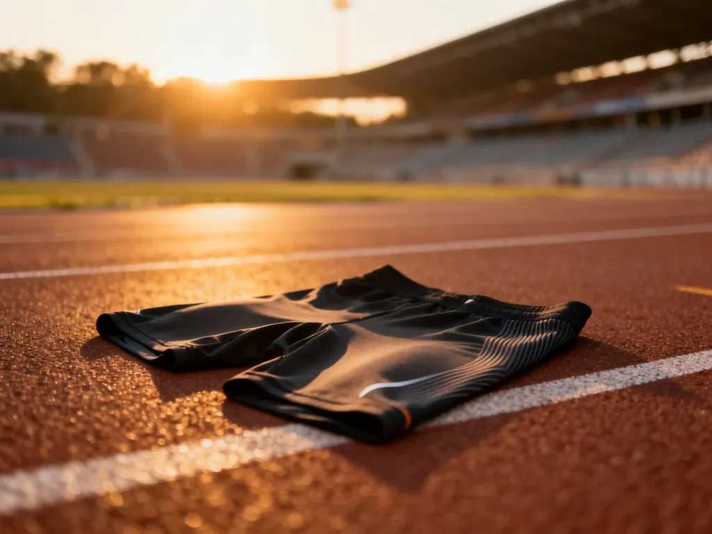 Profesjonalne spodenki kompresyjne do biegania leżące na bieżni lekkoatletycznej w świetle zachodzącego słońca.