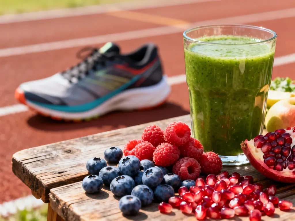 Świeże owoce i zielone smoothie na drewnianym stole obok buta biegowego, symbolizujące dietę wspierającą regenerację biegacza.