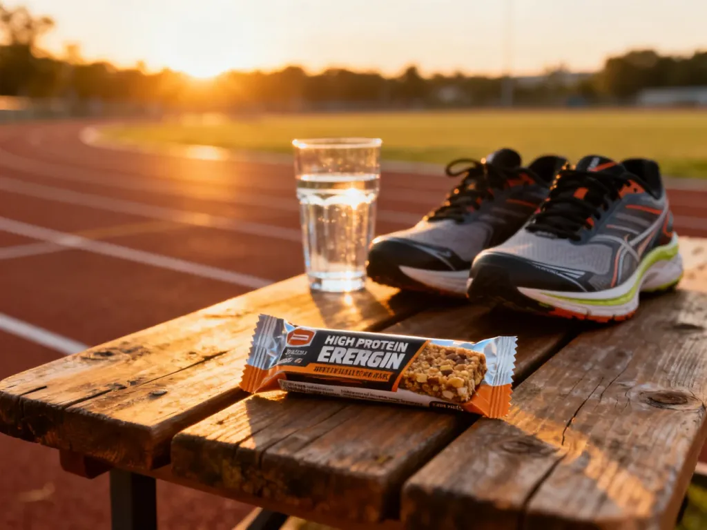 Baton proteinowy, buty do biegania i szklanka wody na drewnianym stole na tle bieżni o wschodzie słońca.