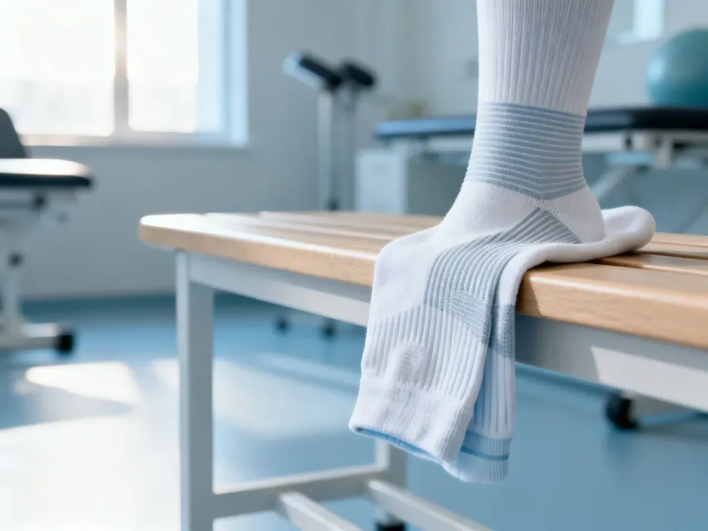 Profesjonalne skarpety kompresyjne na drewnianej ławce w nowoczesnym gabinecie fizjoterapii.
