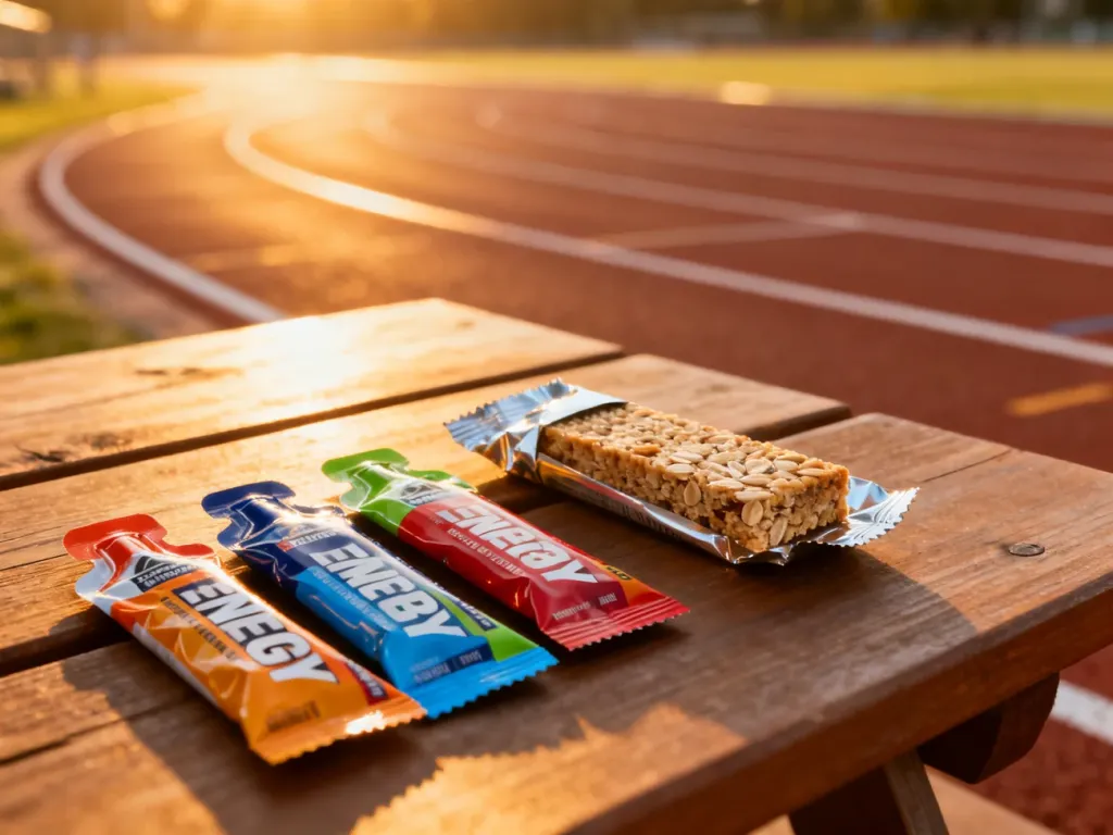 Zestaw żeli energetycznych i batonów owsianych na drewnianym stole w tle bieżni lekkoatletycznej.