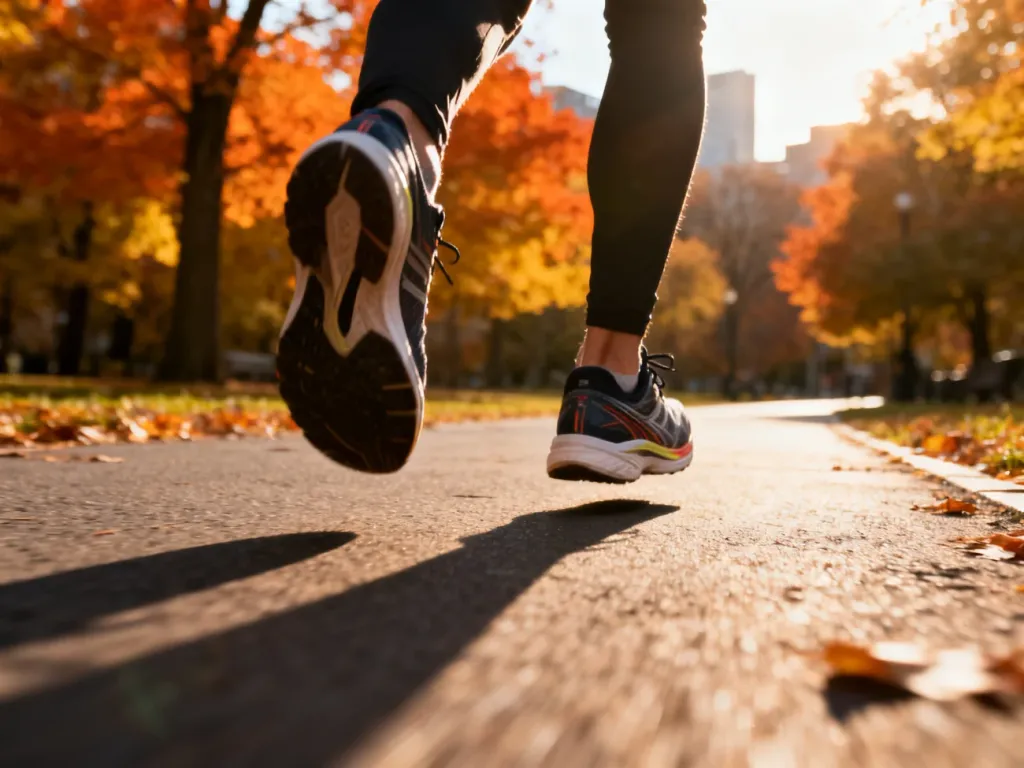 Profesjonalne buty sportowe na asfaltowej ścieżce w parku podczas jesiennego popołudnia, zachęcające do szybkiego marszu.