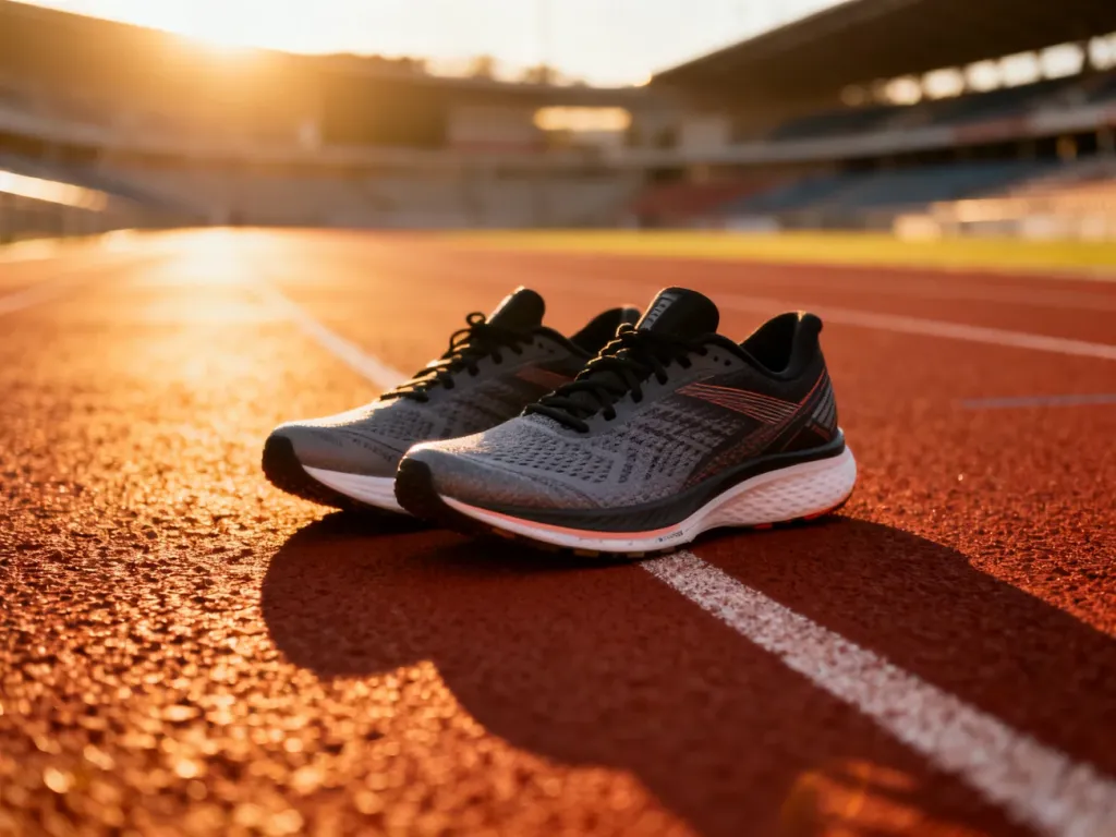 Profesjonalne buty do biegania na bieżni lekkoatletycznej o wschodzie słońca, motywujące do regularnego treningu.
