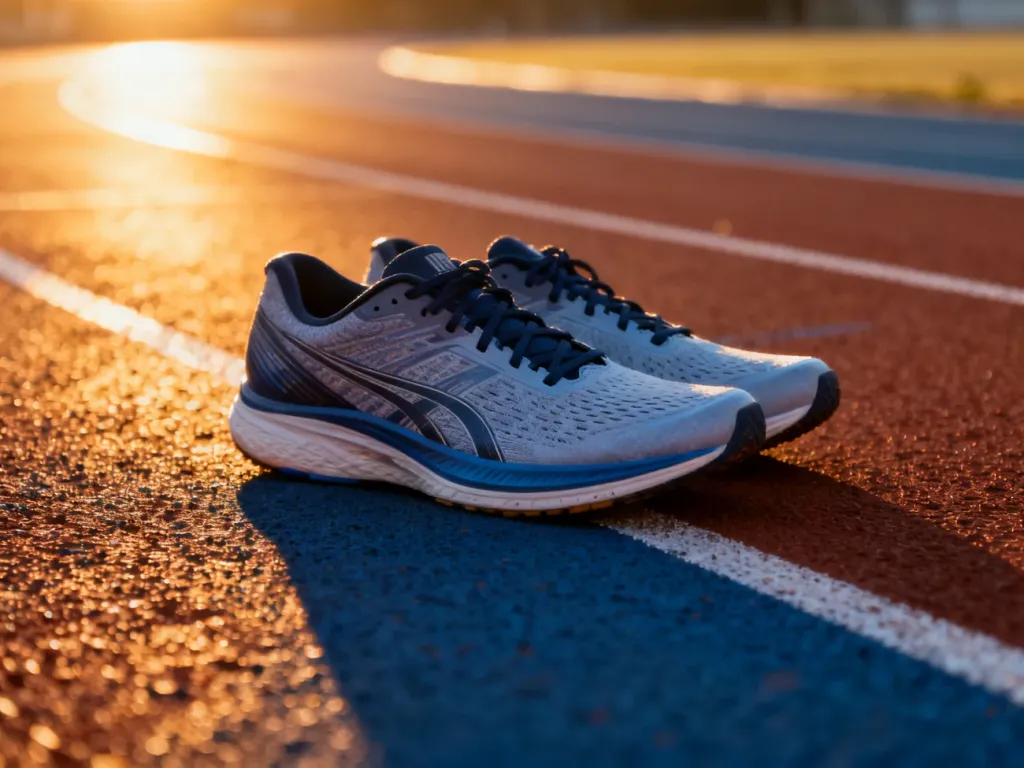 Profesjonalne buty do biegania na bieżni lekkoatletycznej o wschodzie słońca, gotowe do treningu szybkościowego.