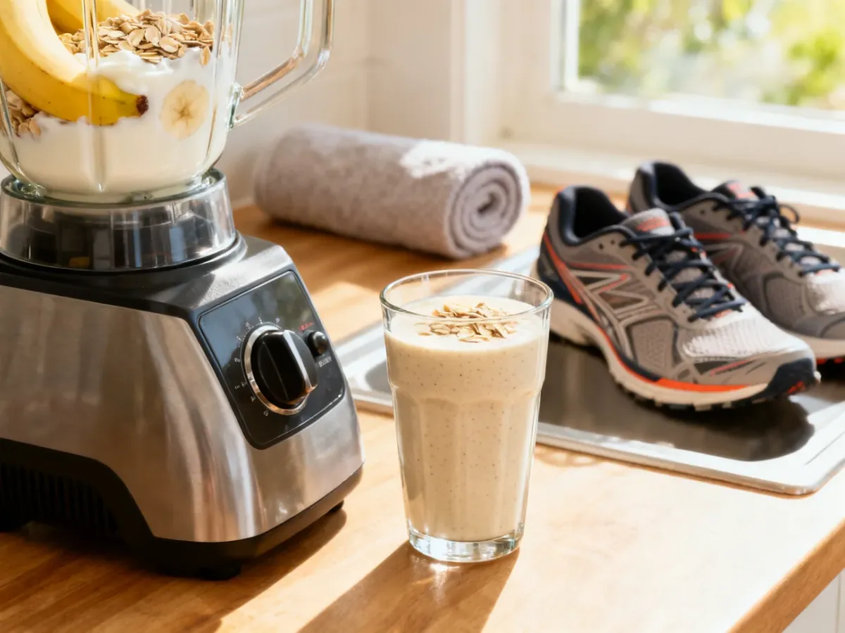 Koktajl bananowy przygotowany po biegu, obok blendera i akcesoriów sportowych