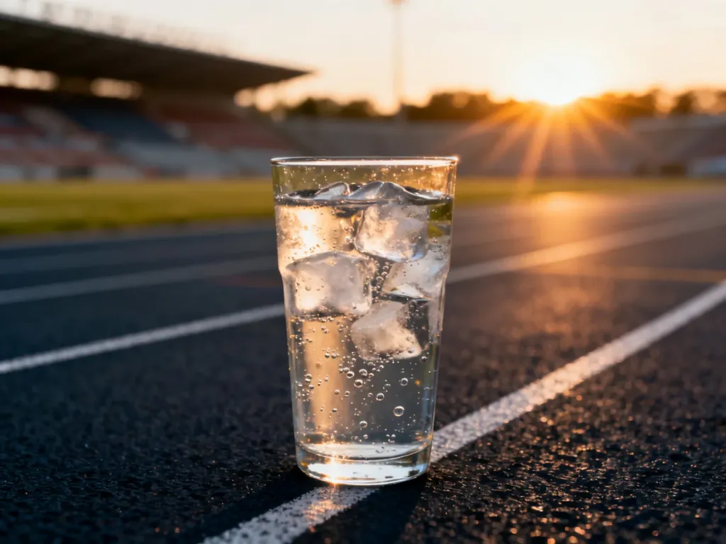 Szklanka orzeźwiającego napoju izotonicznego z lodem na bieżni lekkoatletycznej w blasku wschodzącego słońca.