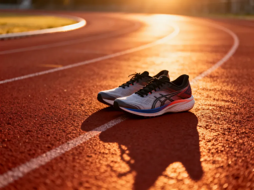 Profesjonalne buty do biegania na bieżni lekkoatletycznej o wschodzie słońca, symbolizujące gotowość do treningu interwałowego.